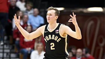 Purdue guard Fletcher Loyer (2) celebrates after a play during the first half Indiana Hoosiers at Simon Skjodt Assembly Hall.