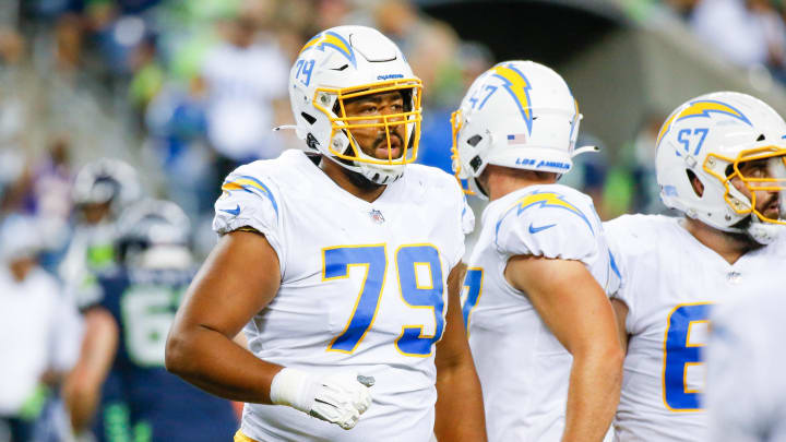 Aug 28, 2021; Seattle, Washington, USA; Los Angeles Chargers offensive tackle Trey Pipkins (79) walks to the sideline during the fourth quarter against the Seattle Seahawks at Lumen Field. Mandatory Credit: Joe Nicholson-USA TODAY Sports