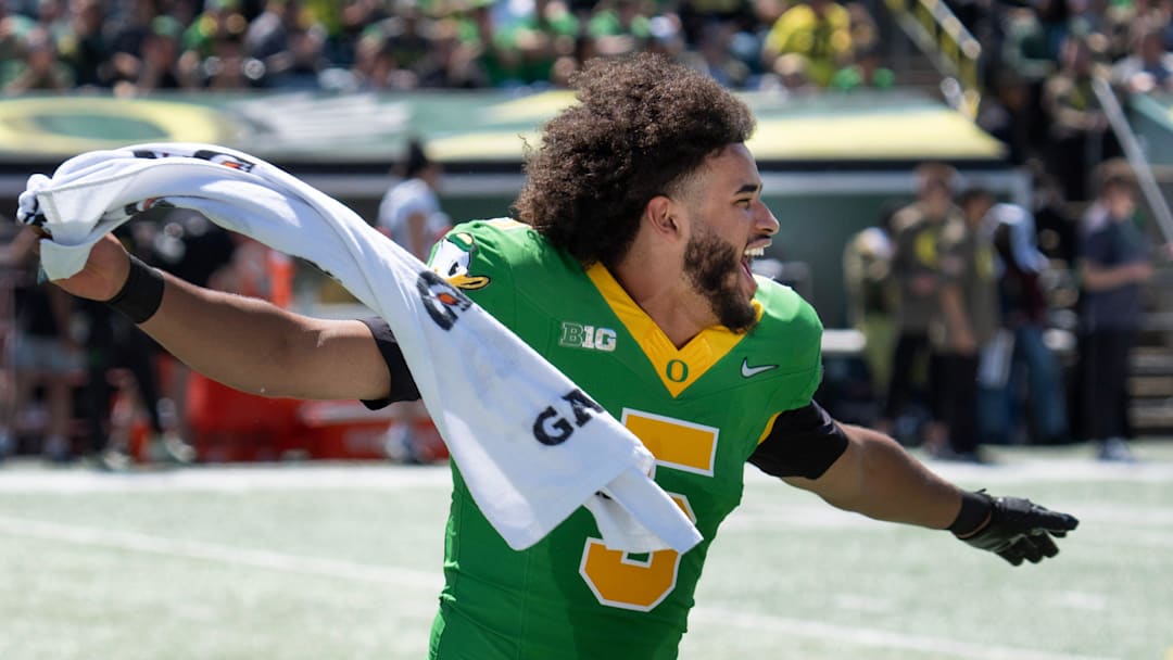 Oregon’s Dante Moore celebrates during the first half of he Oregon Spring Game at Autzen Stadium in Eugene April 25, 2026