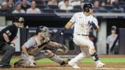 Sep 5, 2023; Bronx, New York, USA;  New York Yankees center fielder Jasson Dominguez (89) hits a double in the eighth inning against the Detroit Tigers at Yankee Stadium. 