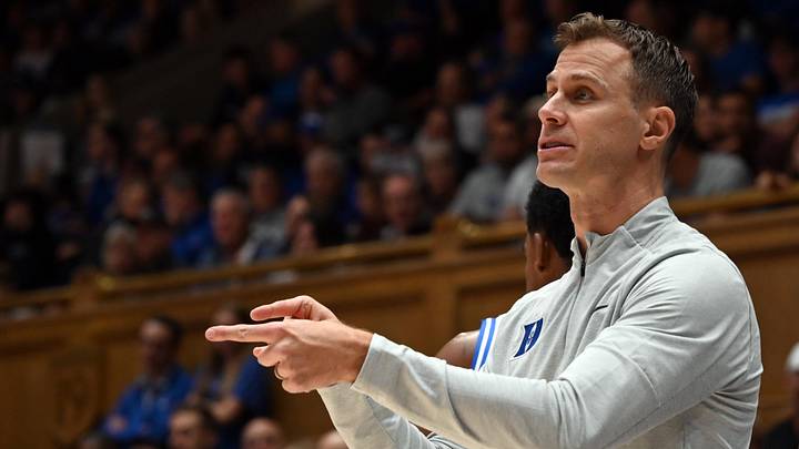 Nov 21, 2025; Durham, North Carolina, USA; Duke Blue Devils head coach Jon Scheyer directs his team during the first half against the Niagara Purple Eagles at Cameron Indoor.