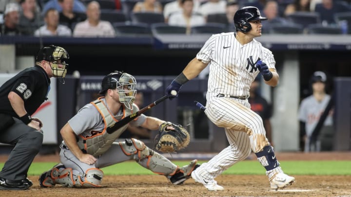 Sep 5, 2023; Bronx, New York, USA;  New York Yankees center fielder Jasson Dominguez (89) hits a double in the eighth inning against the Detroit Tigers at Yankee Stadium. Mandatory Credit: Wendell Cruz-USA TODAY Sports