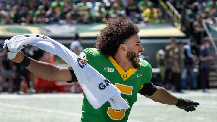Oregon’s Dante Moore celebrates during the first half of he Oregon Spring Game at Autzen Stadium in Eugene April 25, 2026