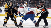 Oct 26, 2023; Pittsburgh, Pennsylvania, USA; Pittsburgh Penguins center Sidney Crosby (87) and Colorado Avalanche center Nathan MacKinnon (29) take the opening face-off during the first period at PPG Paints Arena. Mandatory Credit: Charles LeClaire-USA TODAY Sports