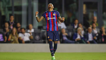 Jul 19, 2022; Miami, FL, USA; FC Barcelona forward Raphinha celebrates after scoring during the first half against Inter Miami CF at DRV PNK Stadium. Mandatory Credit: Sam Navarro-Imagn Images