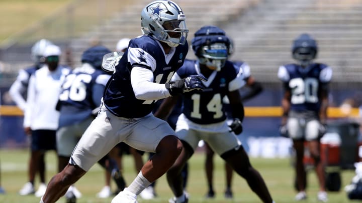 Jul 30, 2024; Oxnard, CA, USA; Dallas Cowboys linebacker Micah Parsons (11) defends during training camp at the River Ridge Playing Fields in Oxnard, California. 