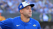 Oct 27, 2025; Los Angeles, California, USA; Toronto Blue Jays right fielder George Springer (4) is introduced before game three of the 2025 MLB World Series against the Los Angeles Dodgers at Dodger Stadium.