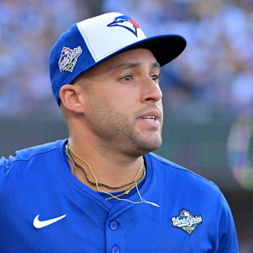 Oct 27, 2025; Los Angeles, California, USA; Toronto Blue Jays right fielder George Springer (4) is introduced before game three of the 2025 MLB World Series against the Los Angeles Dodgers at Dodger Stadium.