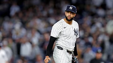 Oct 8, 2025; Bronx, New York, USA; New York Yankees pitcher Devin Williams (38) reacts after giving up a two run RBI during the seventh inning during game four of the ALDS round for the 2025 MLB playoffs at Yankee Stadium. Mandatory Credit: Brad Penner-Imagn Images