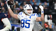 Dec 6, 2025; Charlotte, NC, USA; Duke Blue Devils tight end Jeremiah Hasley (85) celebrates a touchdown in the first quarter against the Virginia Cavaliers during the 2025 ACC Championship game at Bank of America Stadium. Mandatory Credit: Bob Donnan-Imagn Images