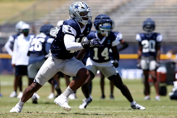 Dallas Cowboys linebacker Micah Parsons defends during training camp at the River Ridge Playing Fields in Oxnard, California.