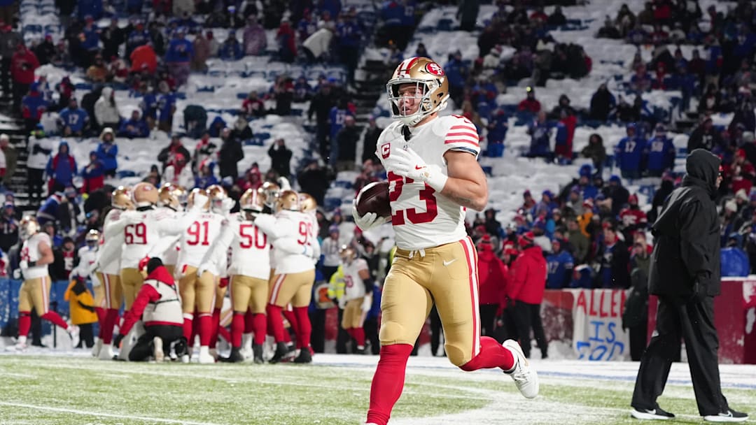 Dec 1, 2024; Orchard Park, New York, USA; San Francisco 49ers running back Christian McCaffrey (23) warms up prior to the game against the Buffalo Bills at Highmark Stadium. Mandatory Credit: Gregory Fisher-Imagn Images