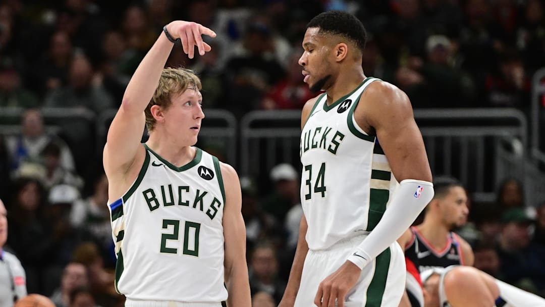Jan 4, 2025; Milwaukee, Wisconsin, USA;  Milwaukee Bucks guard AJ Green (20) and forward Giannis Antetokounmpo (34) sets up a play in the second quarter against the Portland Trail Blazers at Fiserv Forum. Mandatory Credit: Benny Sieu-Imagn Images