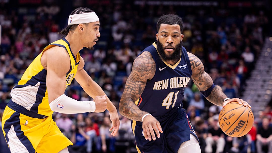 Dec 20, 2025; New Orleans, Louisiana, USA; New Orleans Pelicans guard/forward Saddiq Bey (41) dribbles against Indiana Pacers guard/forward Andrew Nembhard (2) during the first half at Smoothie King Center. Mandatory Credit: Stephen Lew-Imagn Images Dec 20, 2025; New Orleans, Louisiana, USA; New Orleans Pelicans guard/forward Saddiq Bey (41) dribbles against Indiana Pacers guard/forward Andrew Nembhard (2) during the first half at Smoothie King Center. Mandatory Credit: Stephen Lew-Imagn Images