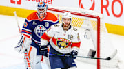 Jun 14, 2025; Edmonton, Alberta, CAN; Florida Panthers left wing Matthew Tkachuk (19) screens in front of Edmonton Oilers goaltender Calvin Pickard (30) during the first period in game five of the 2025 Stanley Cup Final at Rogers Place. 