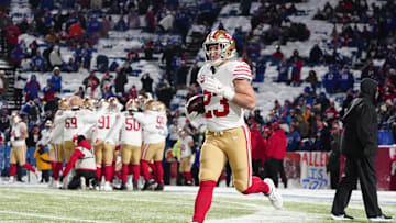 Dec 1, 2024; Orchard Park, New York, USA; San Francisco 49ers running back Christian McCaffrey (23) warms up prior to the game against the Buffalo Bills at Highmark Stadium. Mandatory Credit: Gregory Fisher-Imagn Images