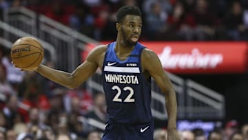 Jan 11, 2020; Houston, Texas, USA; Minnesota Timberwolves forward Andrew Wiggins (22) dribbles the ball during the third quarter against the Houston Rockets at Toyota Center. Mandatory Credit: Troy Taormina-Imagn Images