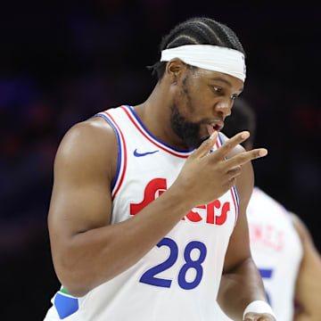 Mar 26, 2025; Philadelphia, Pennsylvania, USA; Philadelphia 76ers forward Guerschon Yabusele (28) reacts to his three pointer against the Washington Wizards during the first quarter at Wells Fargo Center. Mandatory Credit: Bill Streicher-Imagn Images