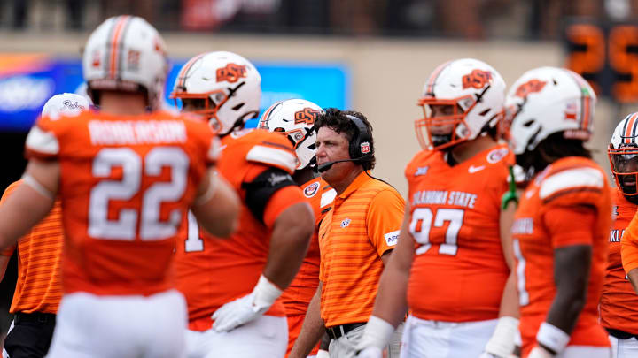 Oklahoma State head football coach Mike Gundy waits for a call in the second half of the college football game between the Oklahoma State Cowboys and South Dakota State Jackrabbits at Boone Pickens Stadium in Stillwater, Okla., Saturday, Aug., 31, 2024.