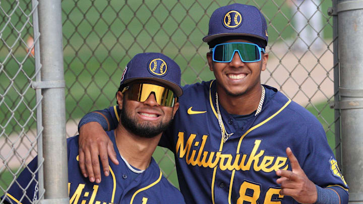 Milwaukee Brewers prospects Hedbert Perez (left) and Hendry Mendez smile for a photo during minor league workouts at American Family Fields of Phoenix on March 6, 2023.

Ctk18241 2