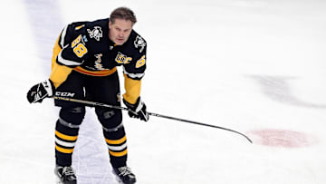 Feb 18, 2024; Pittsburgh, Pennsylvania, USA;  Pittsburgh Penguins former right wing Jaromir Jagr (68) skates in  warm-ups against the Los Angeles Kings at PPG Paints Arena. Mandatory Credit: Charles LeClaire-Imagn Images