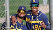 Milwaukee Brewers prospects Hedbert Perez (left) and Hendry Mendez smile for a photo during minor league workouts at American Family Fields of Phoenix on March 6, 2023.

Ctk18241 2