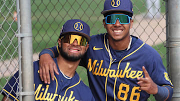 Milwaukee Brewers prospects Hedbert Perez (left) and Hendry Mendez smile for a photo during minor league workouts at American Family Fields of Phoenix on March 6, 2023.

Ctk18241 2