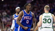 Nov 15, 2023; Philadelphia, Pennsylvania, USA; Philadelphia 76ers guard Tyrese Maxey (0) reacts after his score and one against the Boston Celtics during the third quarter at Wells Fargo Center. Mandatory Credit: Bill Streicher-USA TODAY Sports