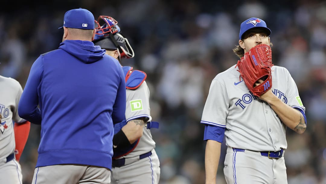 May 9, 2025; Seattle, Washington, USA; Toronto Blue Jays starting pitcher Kevin Gausman (34) exits during the sixth inning against the Seattle Mariners at T-Mobile Park.