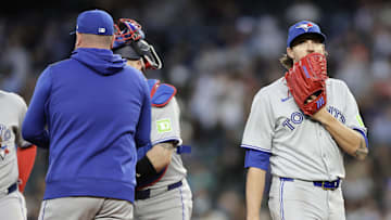 May 9, 2025; Seattle, Washington, USA; Toronto Blue Jays starting pitcher Kevin Gausman (34) exits during the sixth inning against the Seattle Mariners at T-Mobile Park.