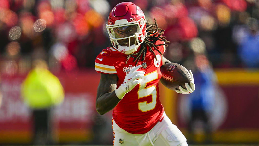 Kansas City Chiefs wide receiver Hollywood Brown (5) runs with the ball during the first half against the Houston Texans at GEHA Field at Arrowhead Stadium.