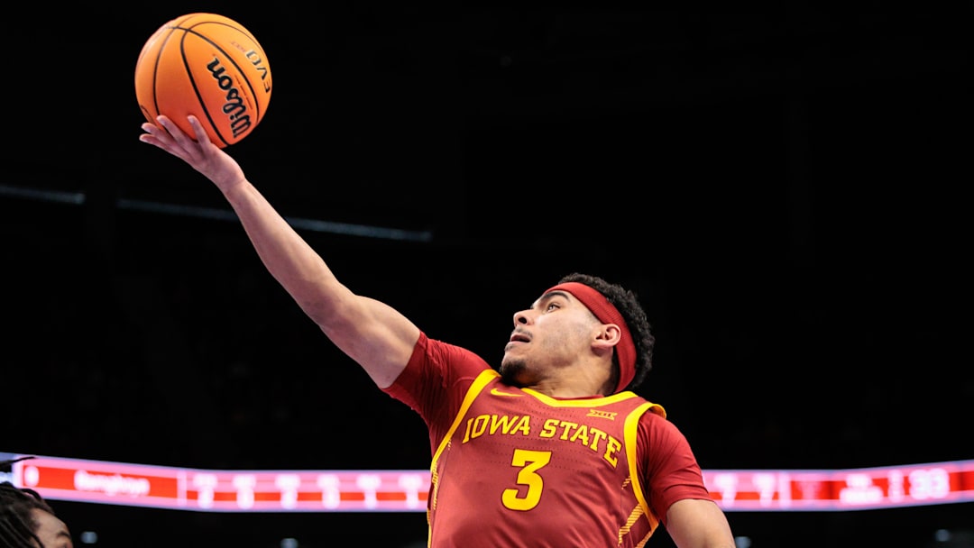 Mar 12, 2026; Kansas City, MO, USA; Iowa State Cyclones guard Tamin Lipsey (3) shoots the ball during the second half against the Texas Tech Red Raiders at T-Mobile Center. 