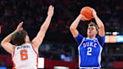 Feb 5, 2025; Syracuse, New York, USA; Duke Blue Devils guard Cooper Flagg (2) shoots against Syracuse Orange forward Petar Majstorovic (6) during the first half at the JMA Wireless Dome. Mandatory Credit: Rich Barnes-Imagn Images