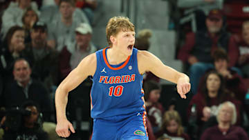 Feb 11, 2025; Starkville, Mississippi, USA; Florida Gators forward Thomas Haugh (10) reacts against the Mississippi State Bulldogs during the second half at Humphrey Coliseum. Mandatory Credit: Wesley Hale-Imagn Images
