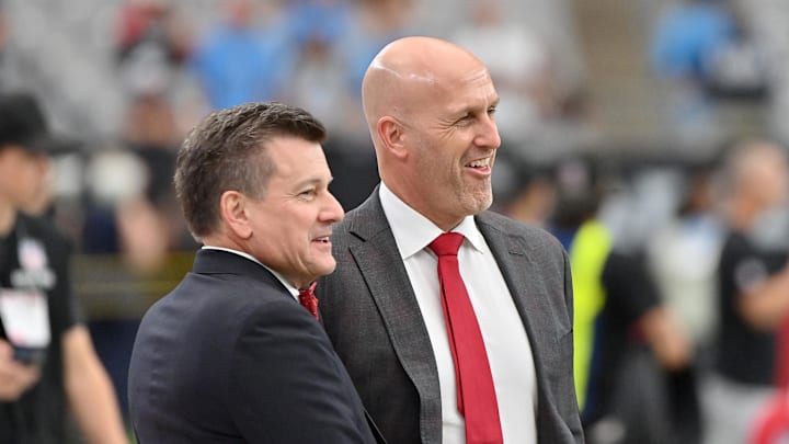 Oct 5, 2025; Glendale, Arizona, USA; Arizona Cardinals owner Michael J. Bidwill and general manager Monti Ossenfort on the sidelines before their game against the Tennessee Titans at State Farm Stadium. Mandatory Credit: Matt Kartozian-Imagn Images