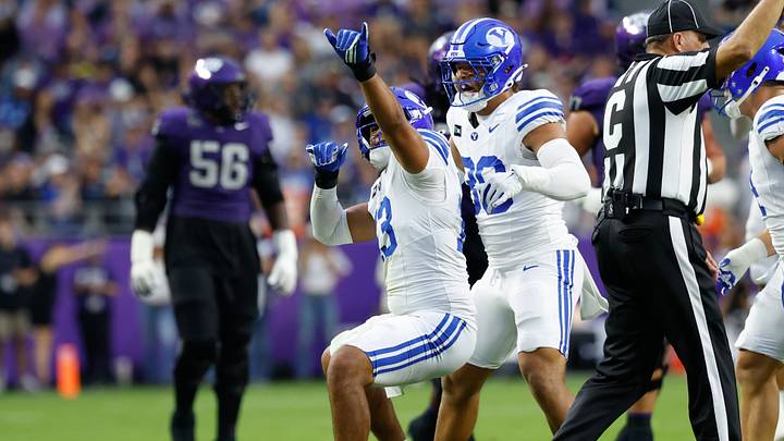 Oct 3, 2026; Fort Worth, Texas, USA;  BYU Cougars defensive end Tausili Akana (13) celebrates after a sack against the TCU Horned Frogs during the first half at Amon G. Carter Stadium.  Mandatory Credit: Chris Jones-Imagn Images