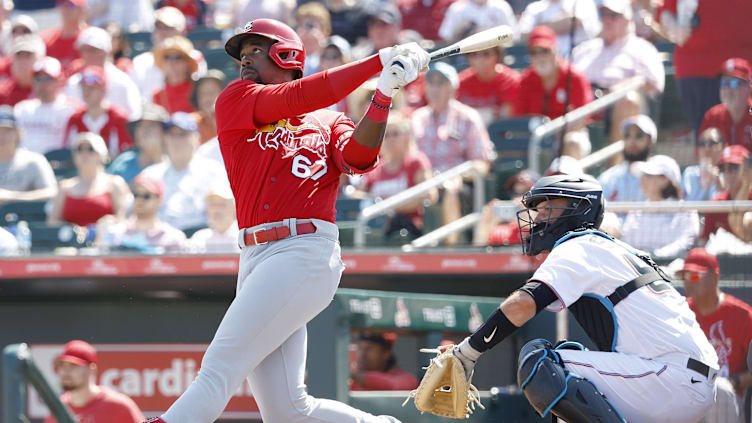 Feb 26, 2023; Jupiter, Florida, USA; St. Louis Cardinals left fielder Jordan Walker (67) hits a home