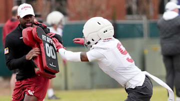 Mar 5, 2025; Tuscaloosa, AL, USA; Defensive back Cam Calhoun does a drill during Spring Practice for the Crimson Tide.