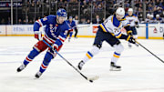 Nov 25, 2024; New York, New York, USA; New York Rangers right wing Kaapo Kakko (24) skates with the puck against the St. Louis Blues during the second period at Madison Square Garden. Mandatory Credit: Danny Wild-Imagn Images