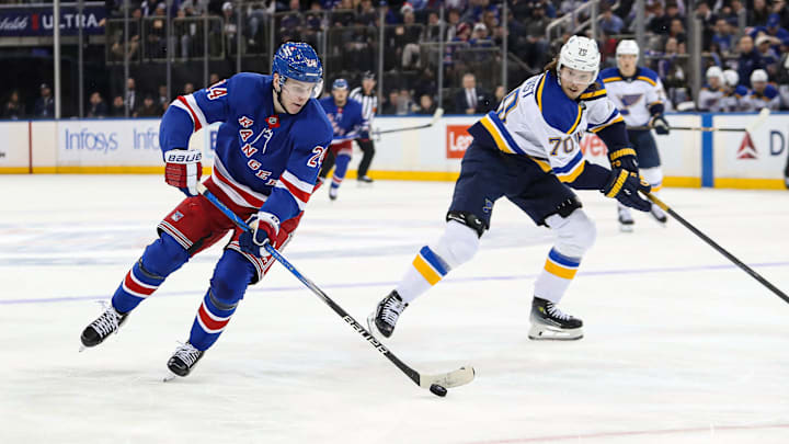 Nov 25, 2024; New York, New York, USA; New York Rangers right wing Kaapo Kakko (24) skates with the puck against the St. Louis Blues during the second period at Madison Square Garden. Mandatory Credit: Danny Wild-Imagn Images