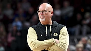 Dec 3, 2024; College Station, Texas, USA; Wake Forest Demon Deacons head coach Steve Forbes looks on during the first half against the Texas A&M Aggies at Reed Arena. Mandatory Credit: Maria Lysaker-Imagn Images 
