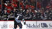 Apr 13, 2025; Washington, District of Columbia, USA; Washington Capitals left wing Alex Ovechkin (8) celebrates with teammates after scoring a goal against the Columbus Blue Jackets in the first period at Capital One Arena. Mandatory Credit: Geoff Burke-Imagn Images