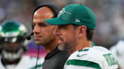 Aug 26, 2023; East Rutherford, New Jersey, USA;  New York Jets quarterback Aaron Rodgers (8) on the sidelines with head coach Robert Saleh against the New York Giants at MetLife Stadium. 