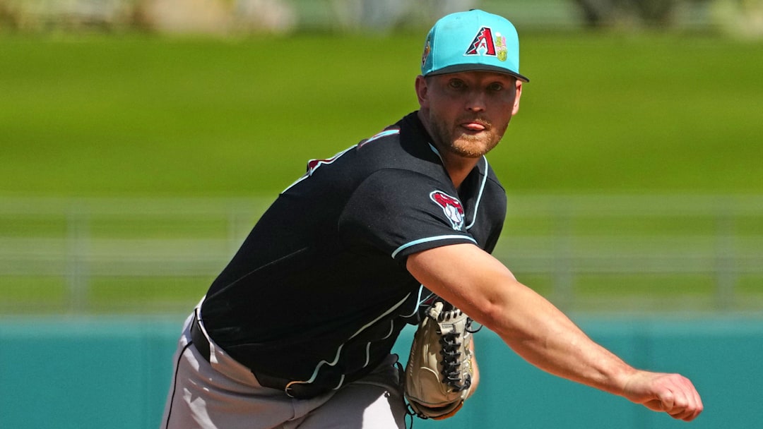 Diamondbacks pitcher Michael Soroka (34) pitches against the Rangers during a spring training game in Surprise on Feb. 24, 2026.
