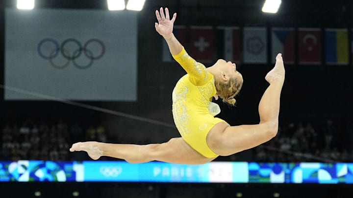 Aug 1, 2024; Paris, France; Flavia Saraiva of Brazil competes on the beam in the women's gymnastics all-around during the Paris 2024 Olympic Summer Games at Bercy Arena. 