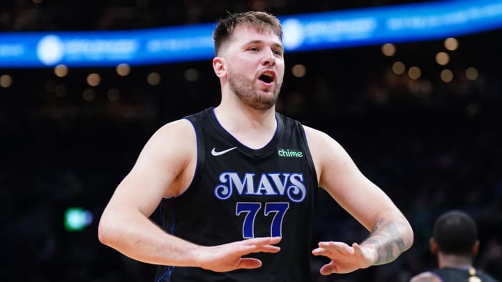 Jun 6, 2024; Boston, Massachusetts, USA; Dallas Mavericks guard Luka Doncic (77) reacts in the third quarter against the Boston Celtics during game one of the 2024 NBA Finals at TD Garden. Mandatory Credit: David Butler II-USA TODAY Sports