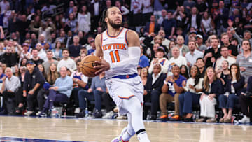 Apr 19, 2025; New York, New York, USA; New York Knicks guard Jalen Brunson (11) drives to the basket against the Detroit Pistons in Game One of the First Round of the NBA Playoffs at Madison Square Garden. Mandatory Credit: Wendell Cruz-Imagn Images