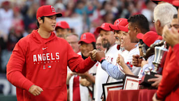 Sep 30, 2023; Anaheim, California, USA; Los Angeles Angels two-way player Shohei Ohtani (17) fist
