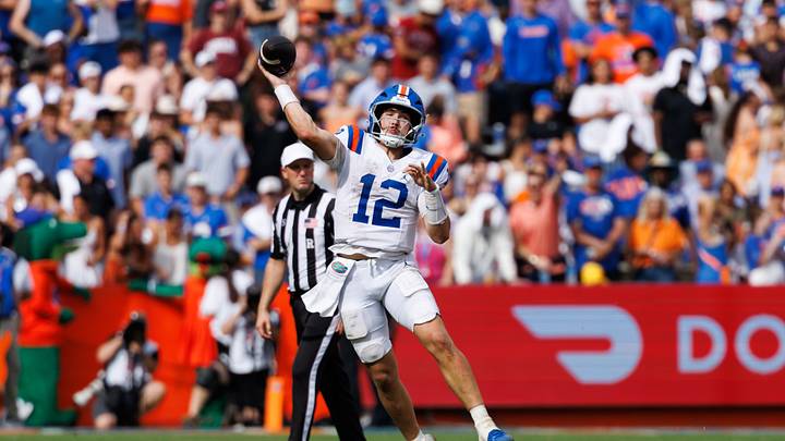 Oct 10, 2026; Gainesville, Florida, USA;  Florida Gators quarterback Aaron Philo (12) throws the ball against the South Carolina Gamecocks during the second half at Ben Hill Griffin Stadium.  Mandatory Credit: Matt Pendleton-Imagn Images