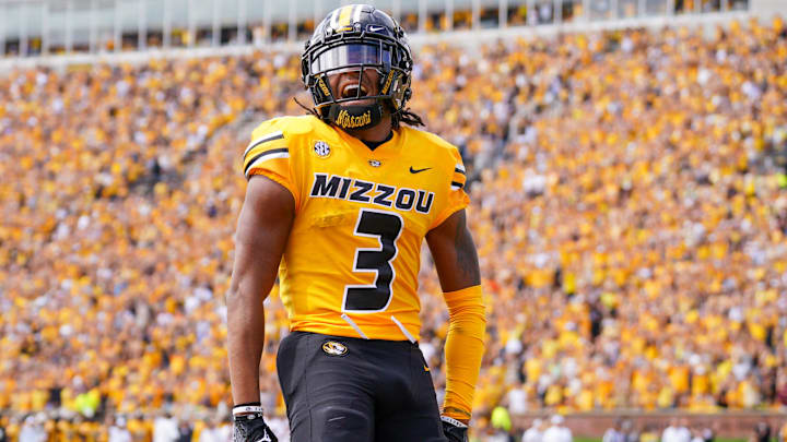 Sep 14, 2024; Columbia, Missouri, USA; Missouri Tigers wide receiver Luther Burden III (3) celebrates after scoring a touchdown against the Boston College Eagles during the first half at Faurot Field at Memorial Stadium.